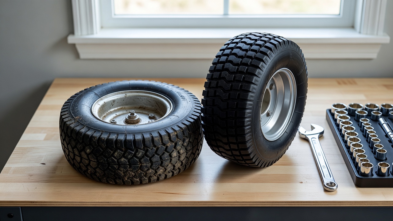 Riding lawn mower wheel and tire on a workbench with a lug wrench and socket set nearby