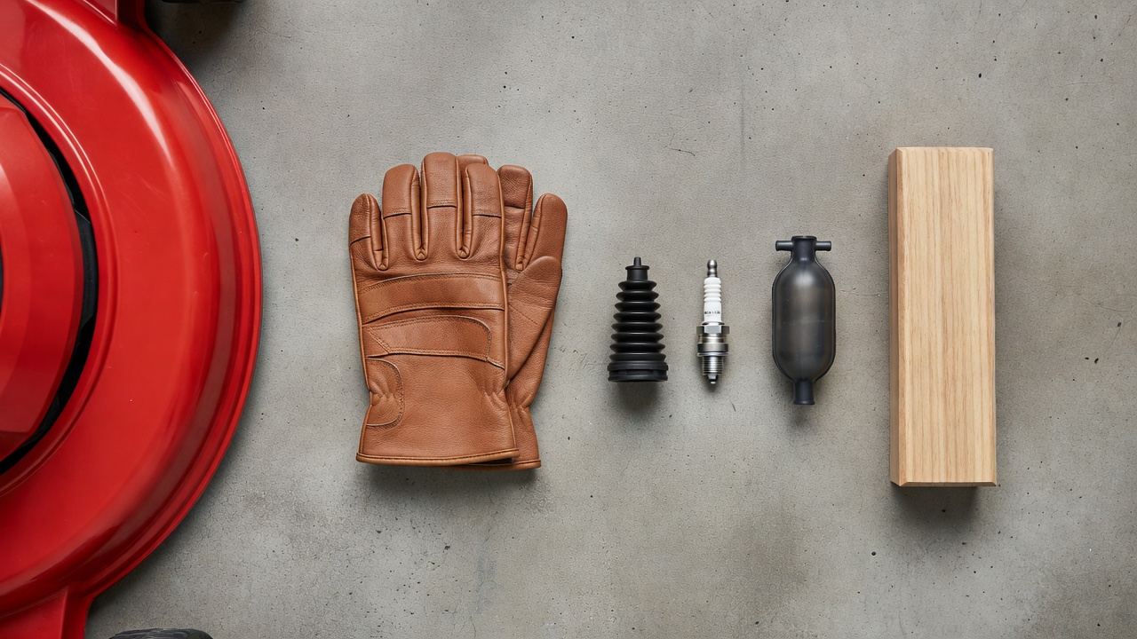 Safety equipment laid out before a Toro mower blade change including gloves, disconnected spark plug boot, fuel pump, and wood block