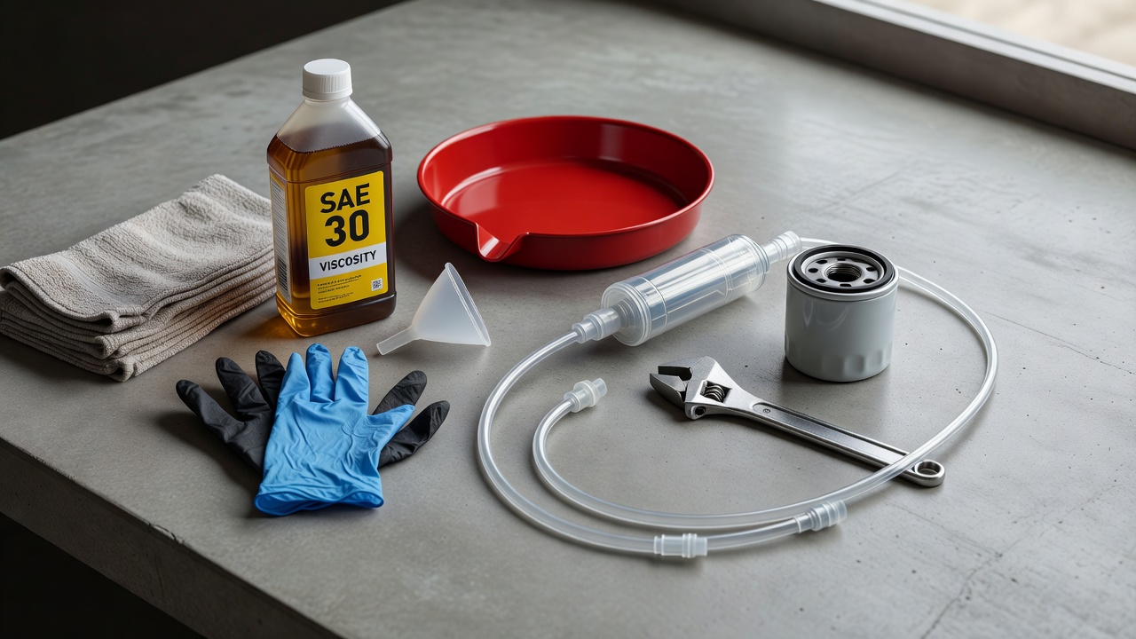 Organized tools and supplies for lawn mower oil change including oil bottle, drain pan, siphon pump, wrench, filter, funnel and gloves on a workbench