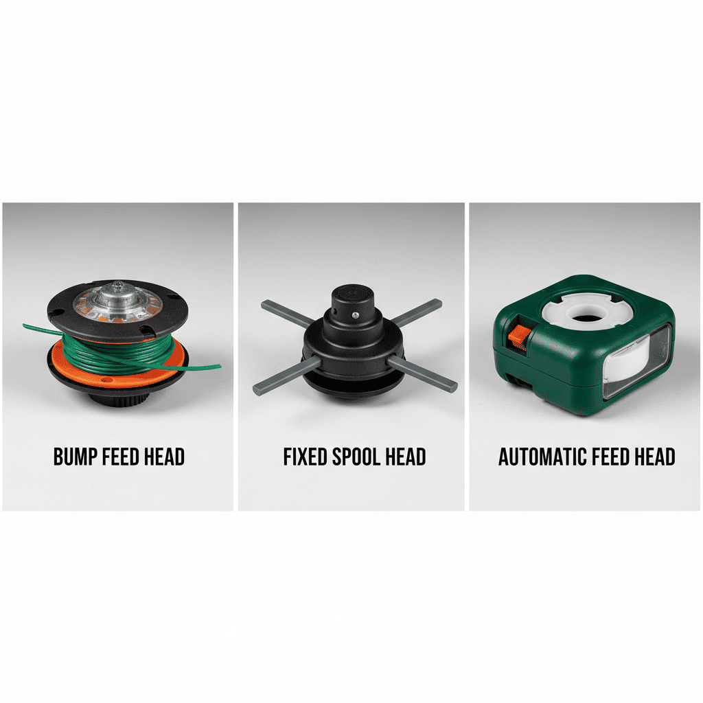 Three types of trimmer head designs displayed for comparison