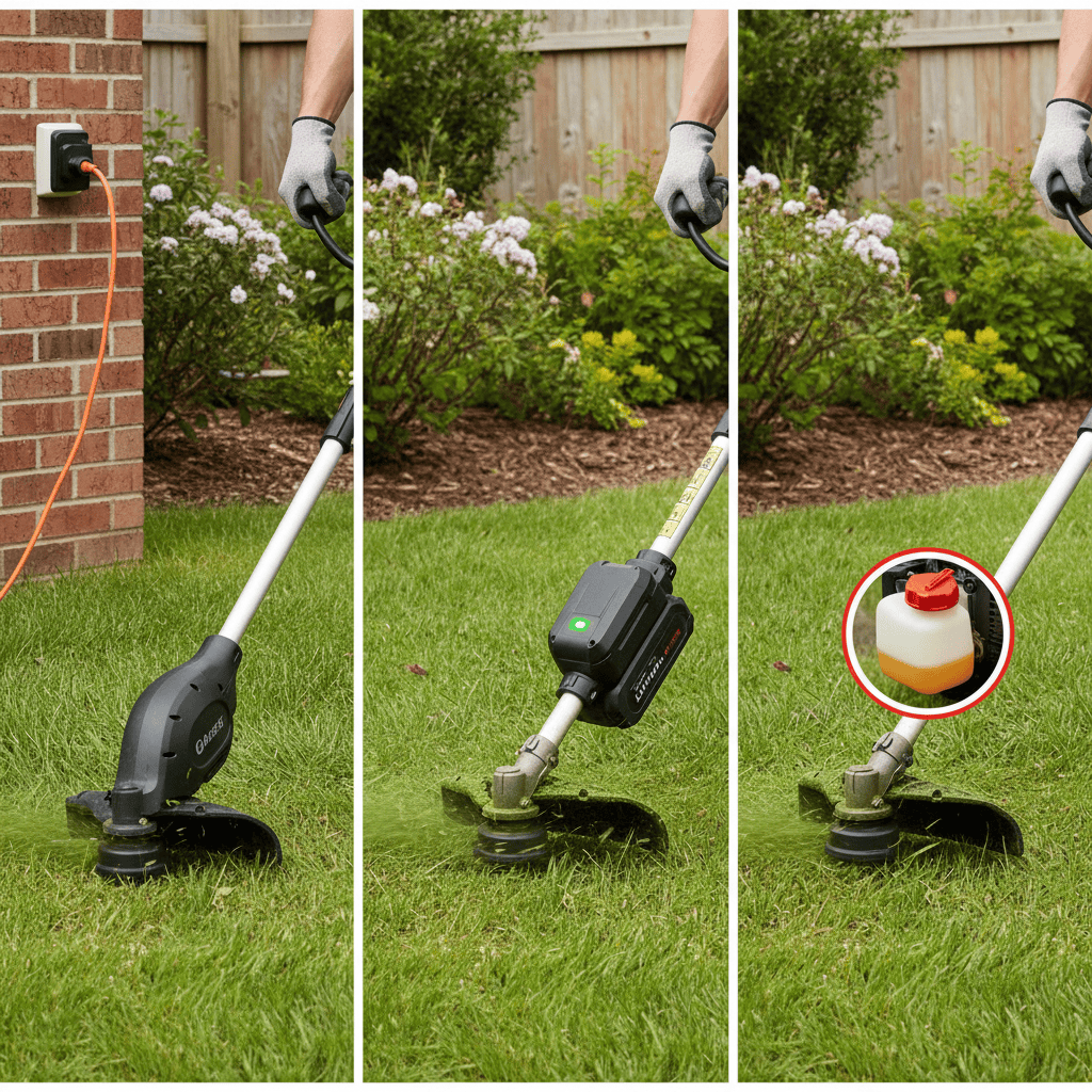 Three types of string trimmers displayed side by side: electric corded, cordless battery-powered, and gas-powered models