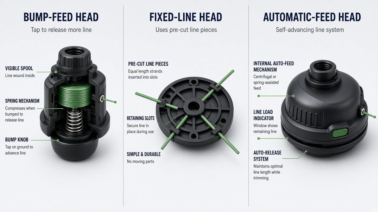 Three types of string trimmer heads displayed for comparison