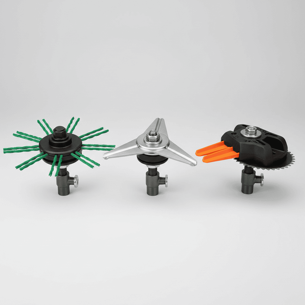 Three types of weed wacker heads displayed side by side