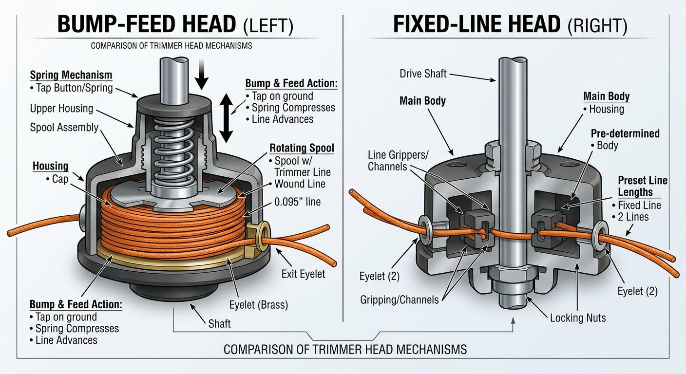 Cross-section comparison of bump-feed and fixed-line trimer head types