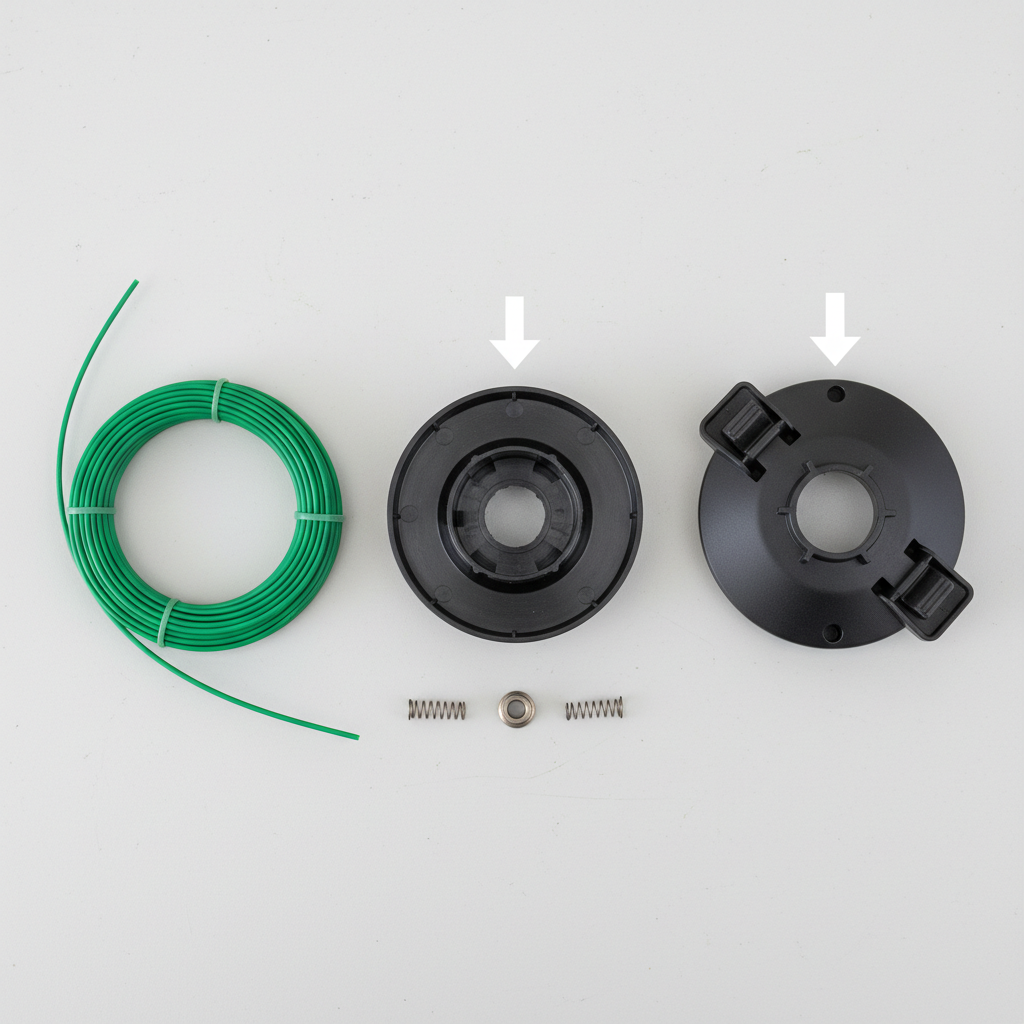 Components of a weed wacker trimmer head, including spool and new line.