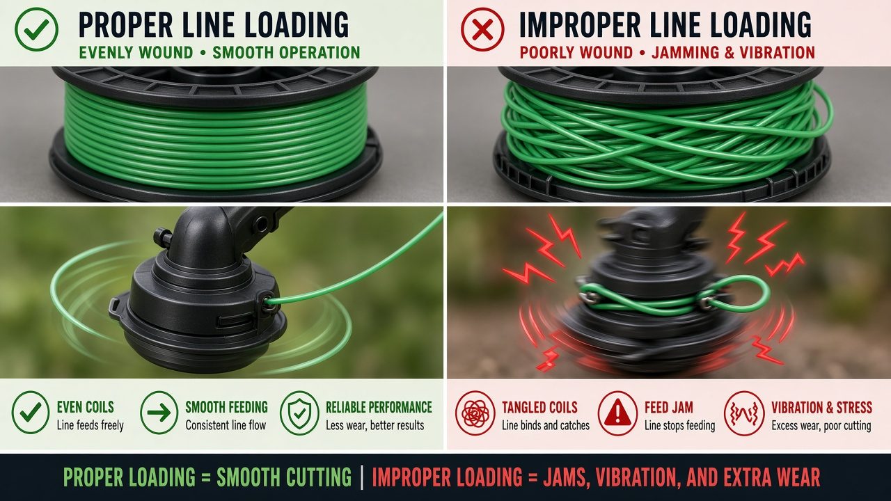 Side-by-side comparison of correctly wound versus tangled trimmer line spools showing the difference in feeding performance