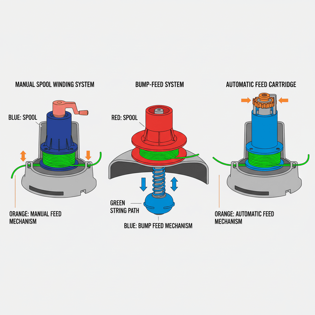 Understanding Your Weedeater’s String System Comparison diagram of three weedeater feed system types showing internal mechanisms