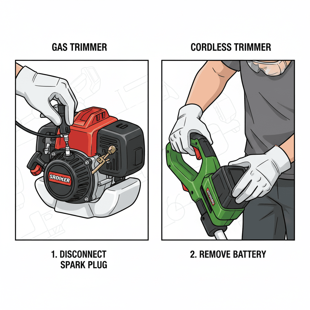 Safety steps for weed wacker maintenance: disconnecting power sources and wearing protective gear