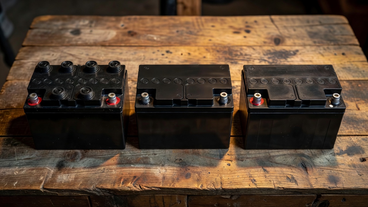 Three types of 12V lead-acid batteries used in riding lawn mowers displayed side by side
