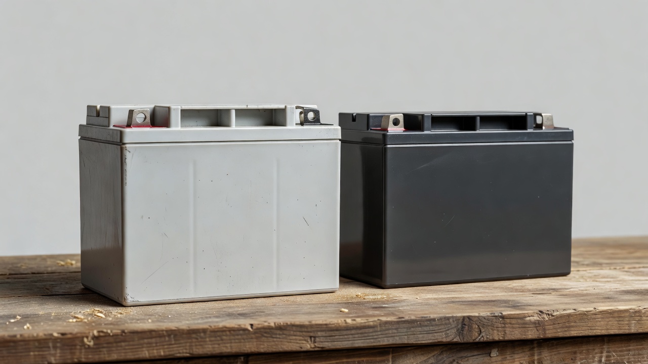 How to Charge a Riding Lawn Mower Battery (Step-by-Step Guide) 12V U1 lead-acid battery and AGM battery side by side on a workbench showing terminal posts