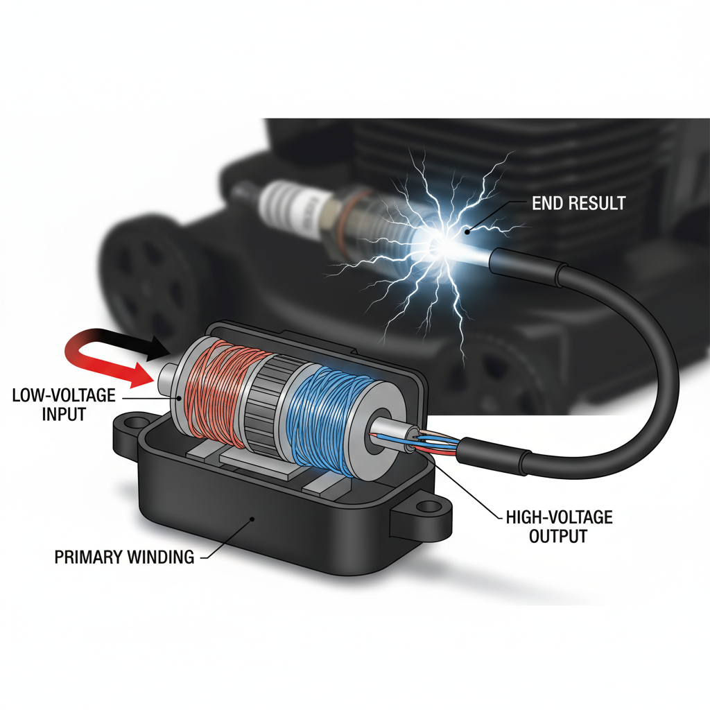 Interior cross-section of ignition coil showing primary and secondary windings