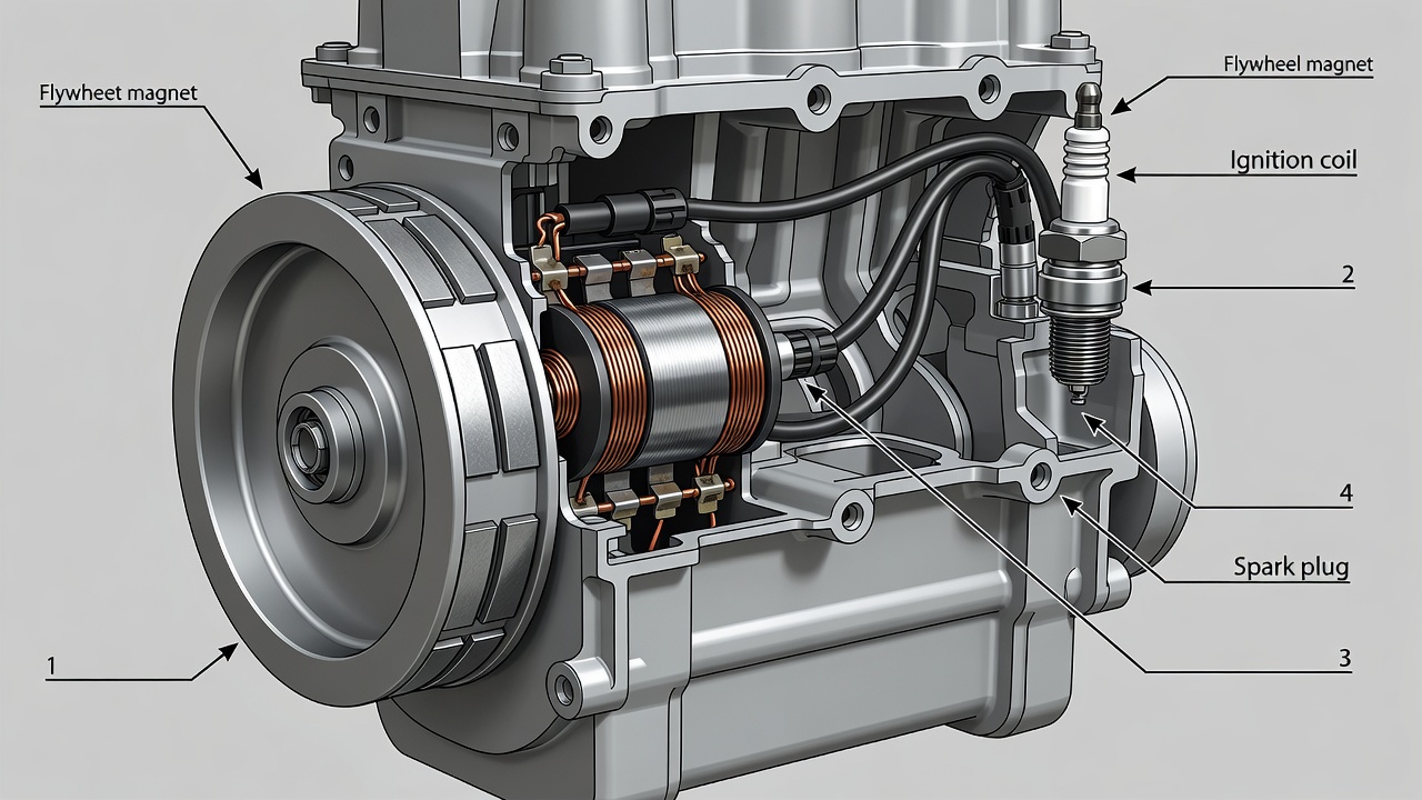 Illustration of a lawn mower ignition system showing the flywheel, coil, and spark plug.