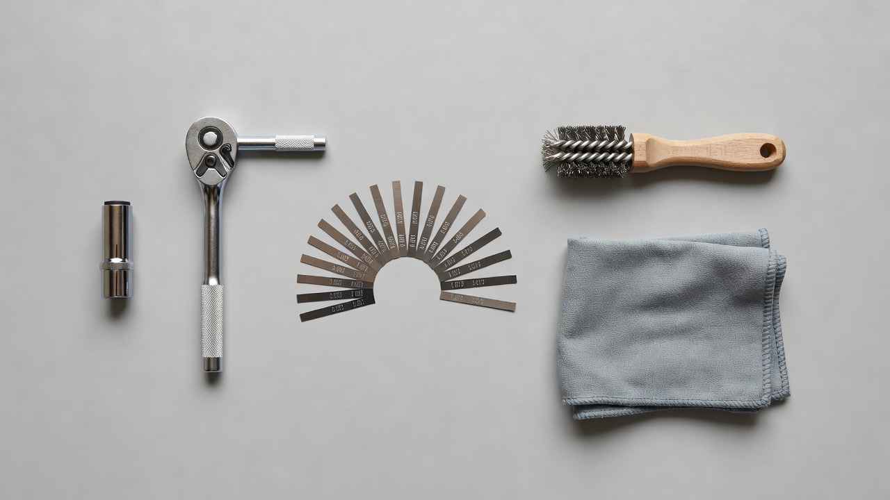 Flat-lay of spark plug inspection tools including feeler gauge, spark plug socket, ratchet extension, and wire brush on a workbench