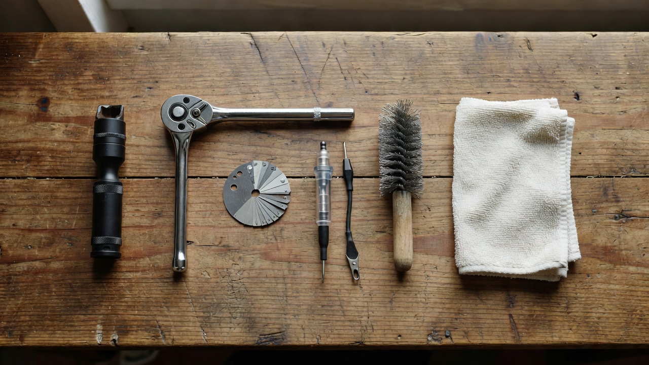 Flat-lay of lawn mower spark plug tools including socket wrench, feeler gauge, inline tester, and wire brush on a wooden workbench