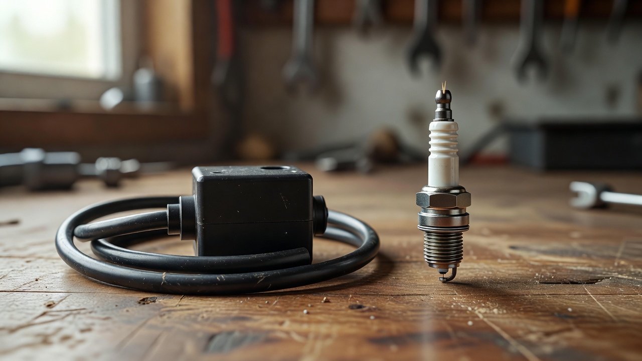 How Do You Check an Ignition Coil on a Lawn Mower? (Spark Test, Multimeter & Air-Gap Guide) Lawn mower ignition coil and spark plug side by side on a workbench