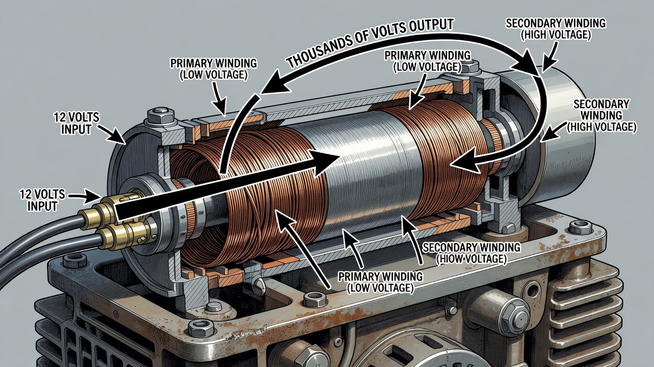 Ignition coil internal windings and voltage transformation diagram