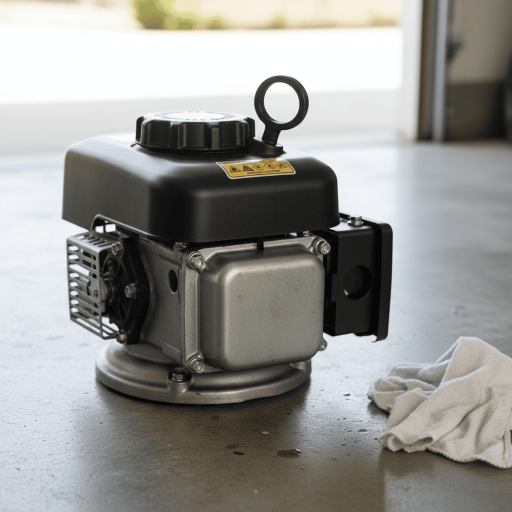 Close-up of a lawn mower oil fill cap with integrated dipstick