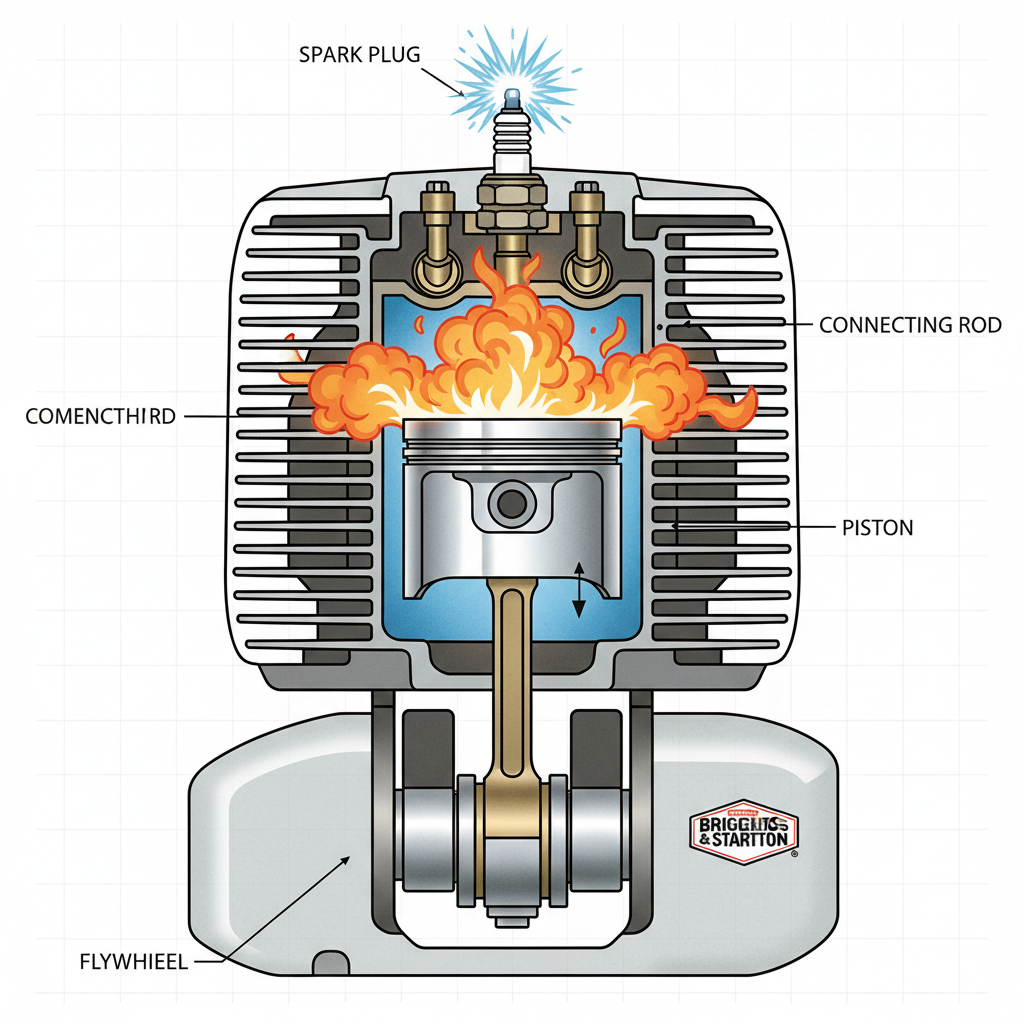 Cutaway diagram of engine cylinder with spark plug firing inside