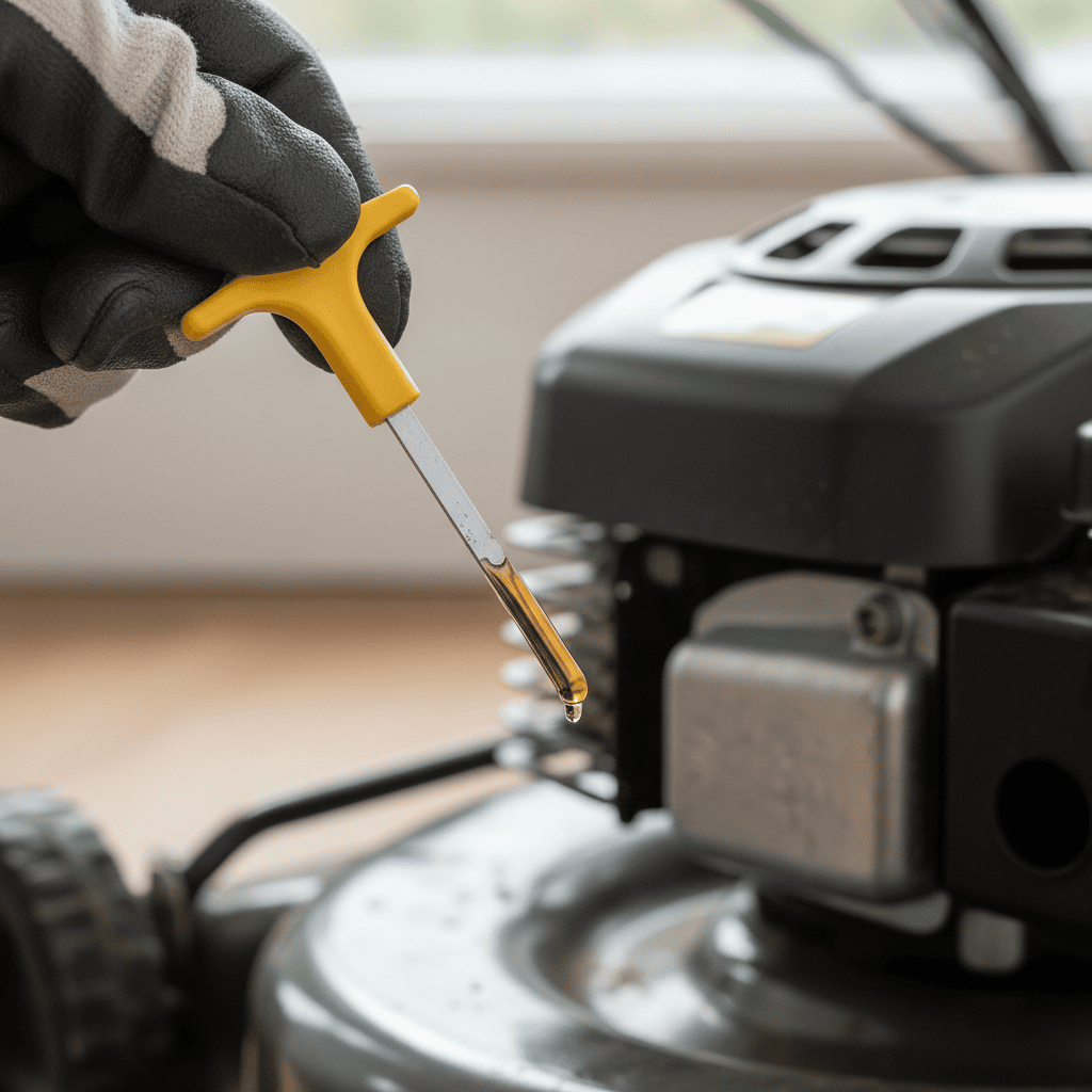 How to Check Oil in a Lawn Mower? (Step-by-Step Guide) Close-up of a hand holding a yellow dipstick coated with a thin film of engine oil.