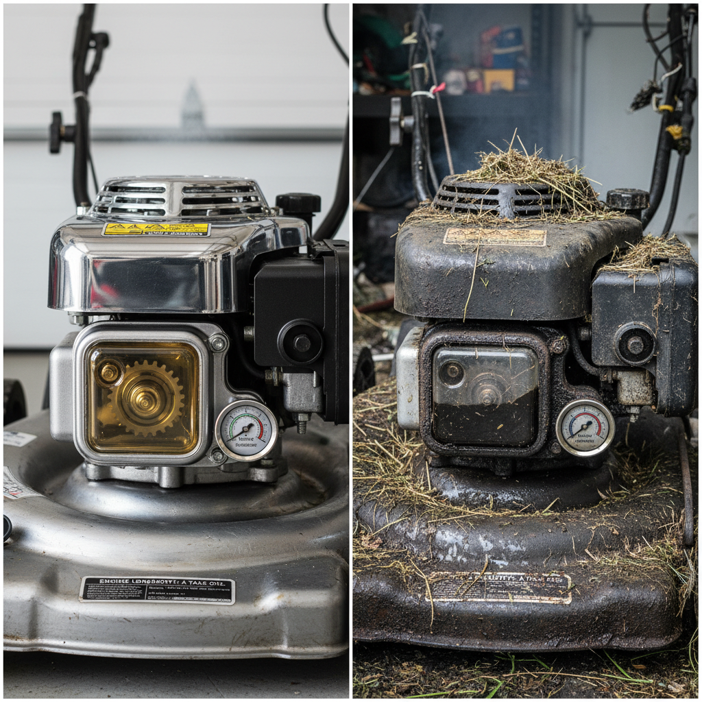 Comparison of well-maintained versus neglected lawn mower engine oil conditions