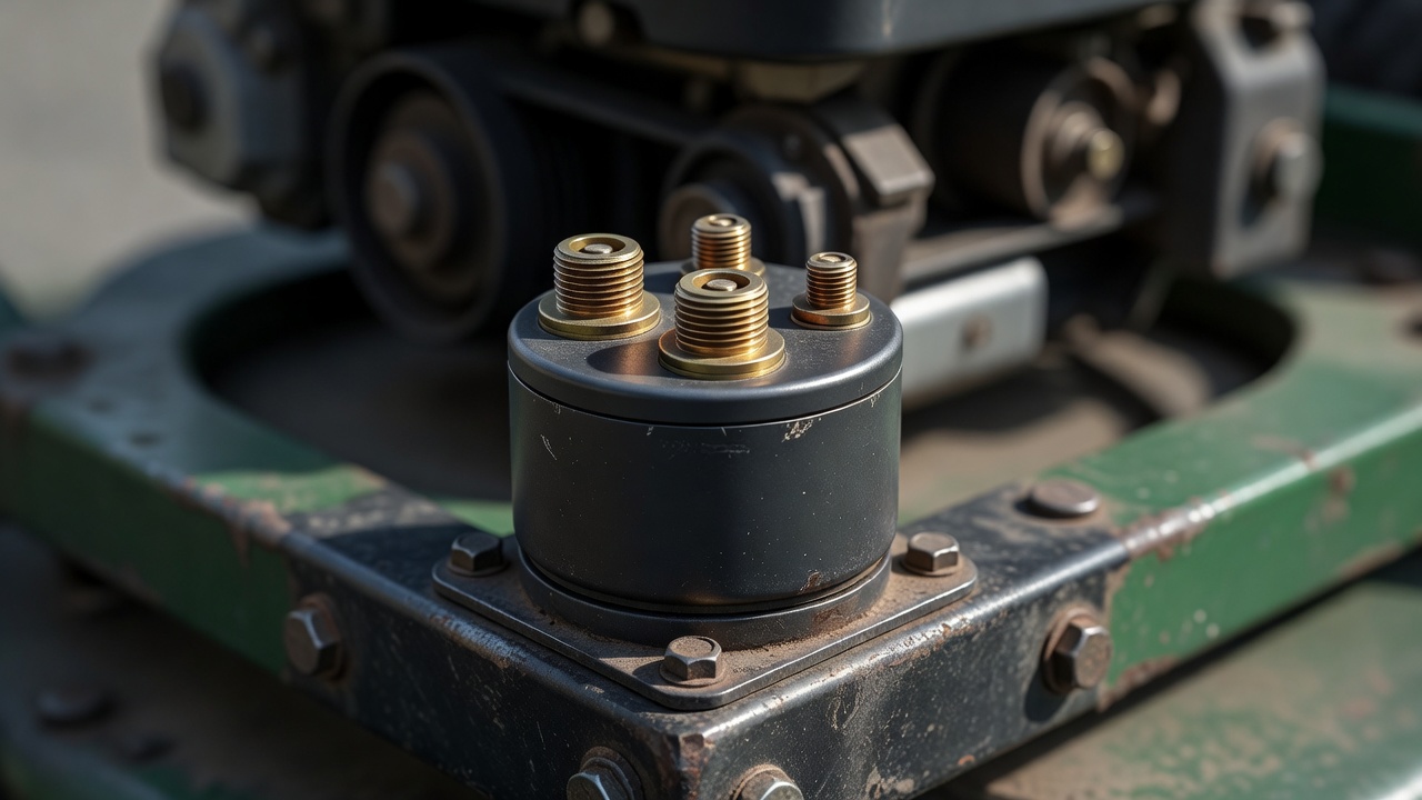 A lawn mower starter solenoid showing its cylindrical body and terminal connections