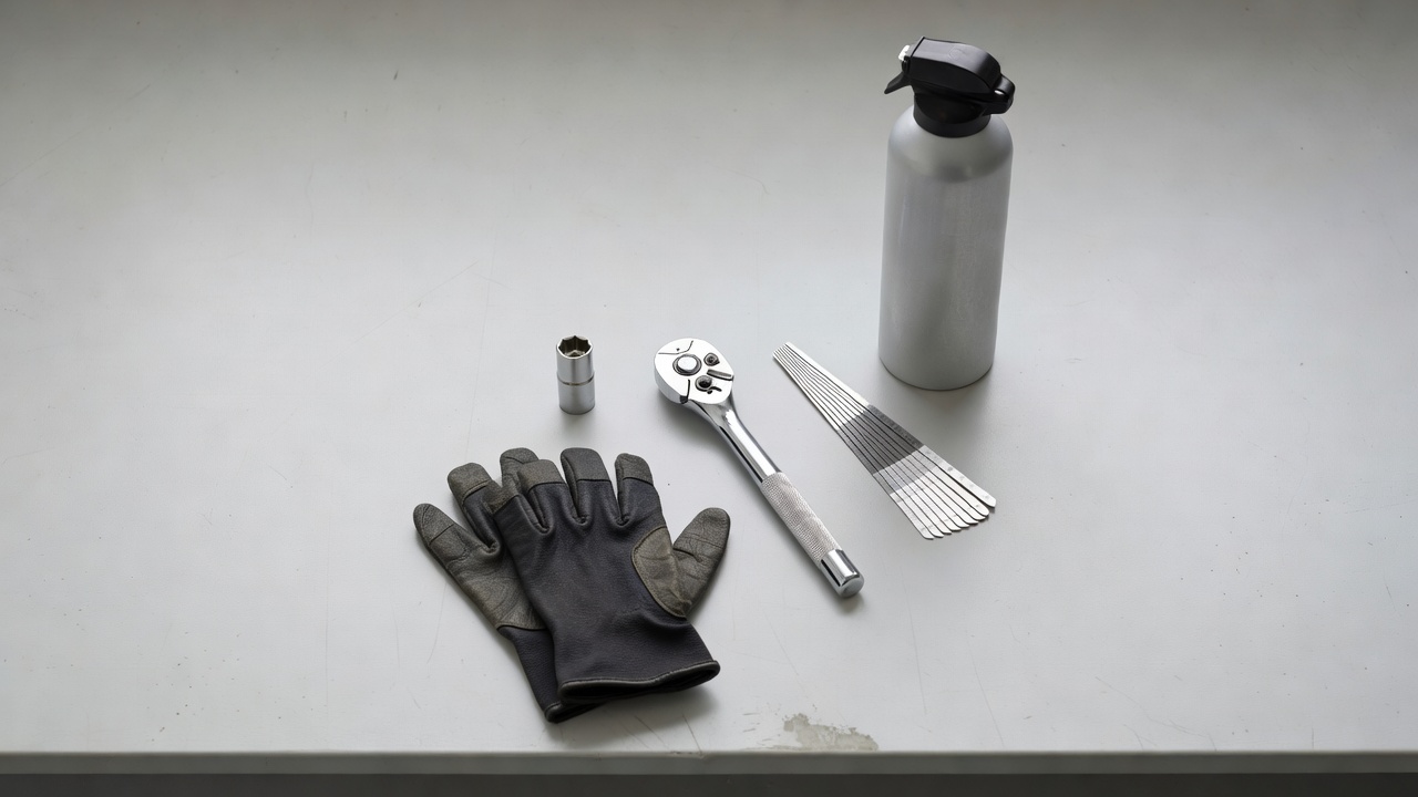 Spark plug inspection tools laid out on a garage workbench