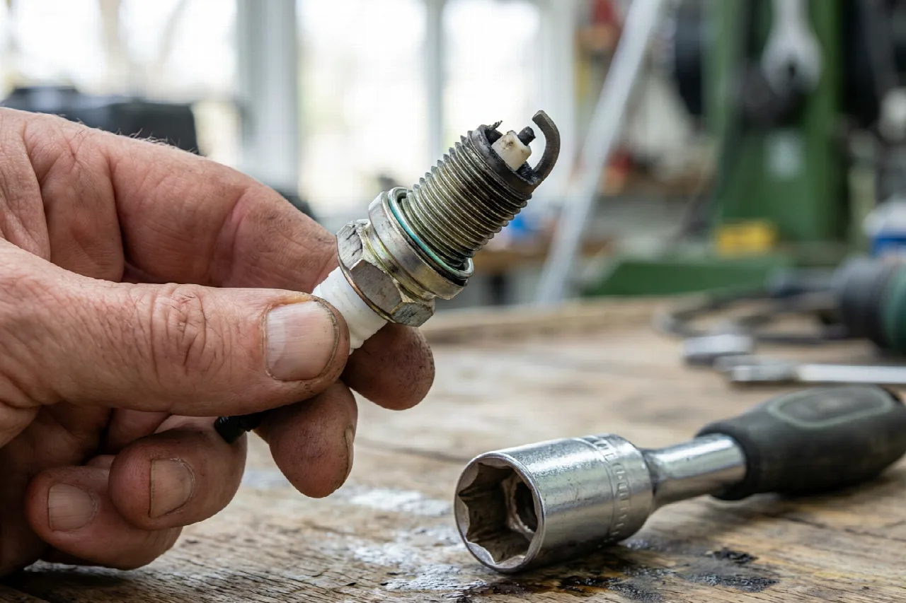 How to Check Spark Plugs on a Lawn Mower Inspecting a removed lawn mower spark plug for wear and carbon buildup