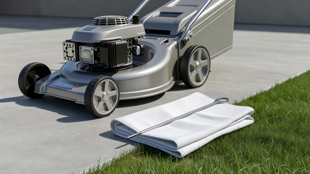 Push lawn mower parked on a flat surface with its oil dipstick and a rag laid out for an oil check