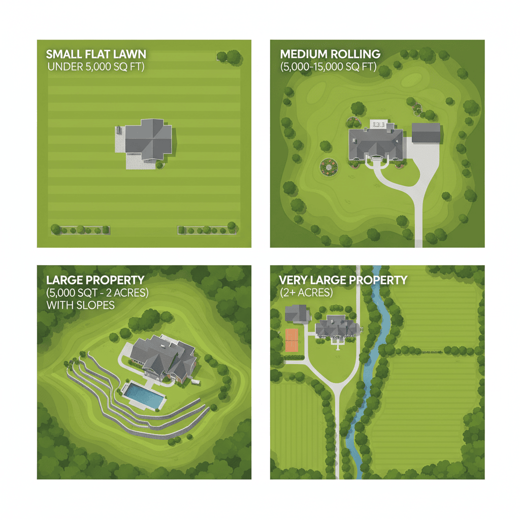 Comparison illustration of four different lawn sizes and terrain types from above