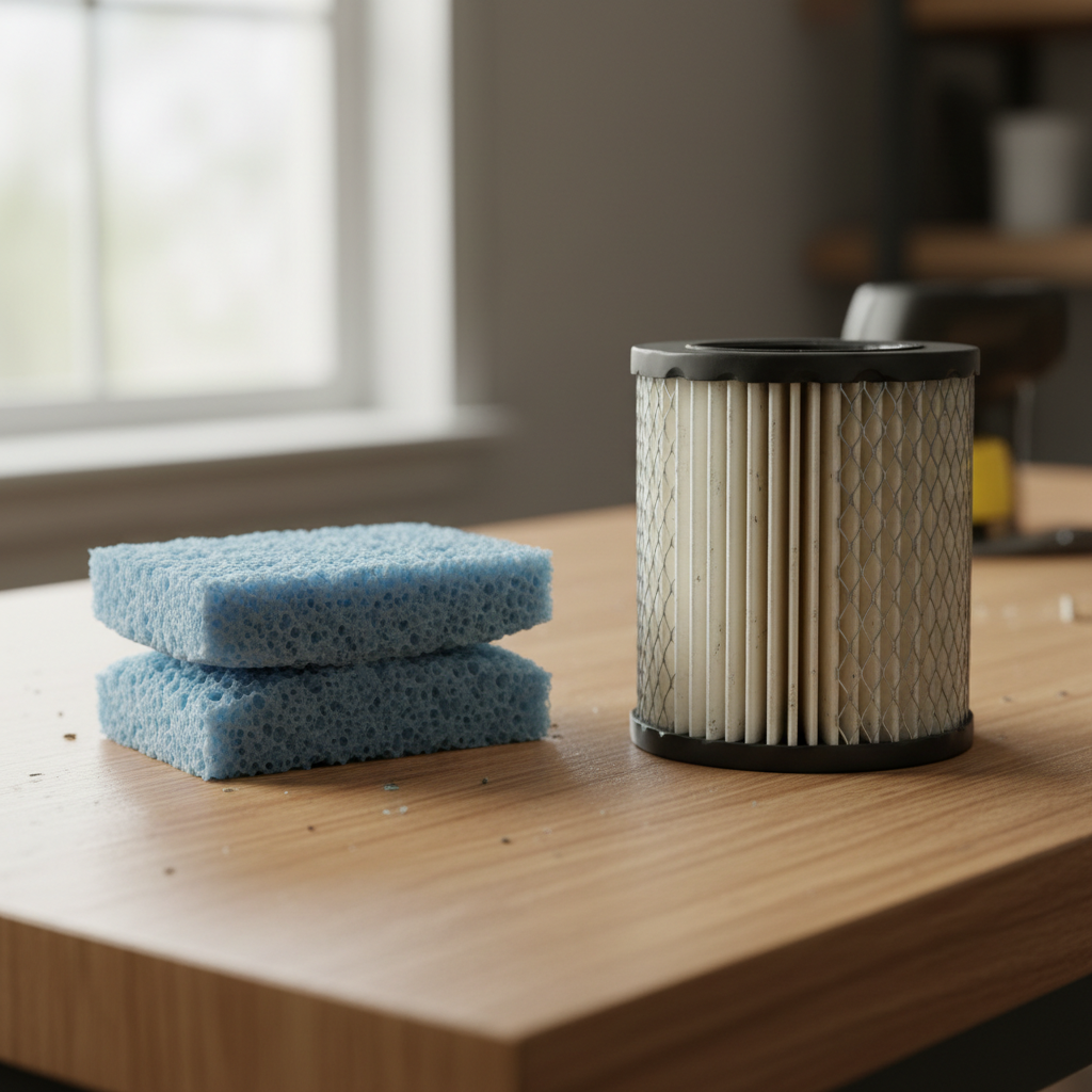 A foam air filter next to a paper air filter on a workbench.