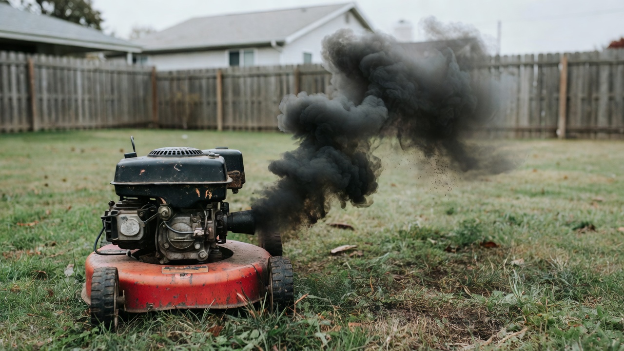 How to Clean a Briggs & Stratton Lawn Mower Carburetor (Step-by-Step Guide) Lawn mower engine emitting black smoke indicating a rich-running dirty carburetor