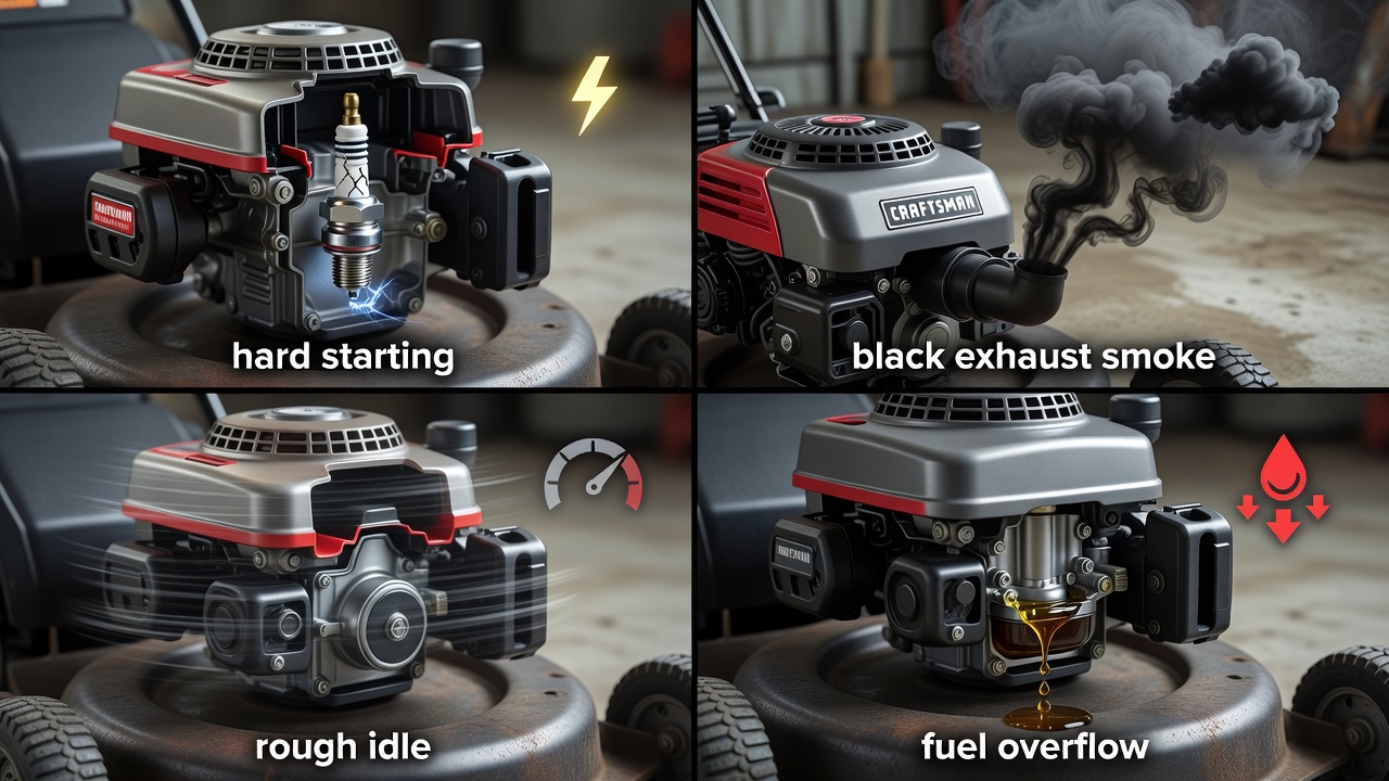 Four visual indicators of a dirty carburetor: hard start, rough idle, black smoke, fuel leak