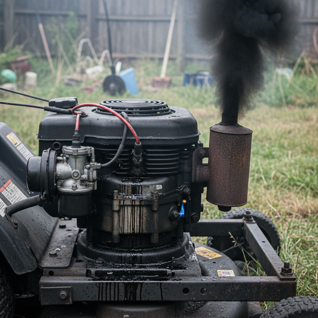 Riding mower engine showing signs of carburetor problems including exhaust smoke and fuel leaks