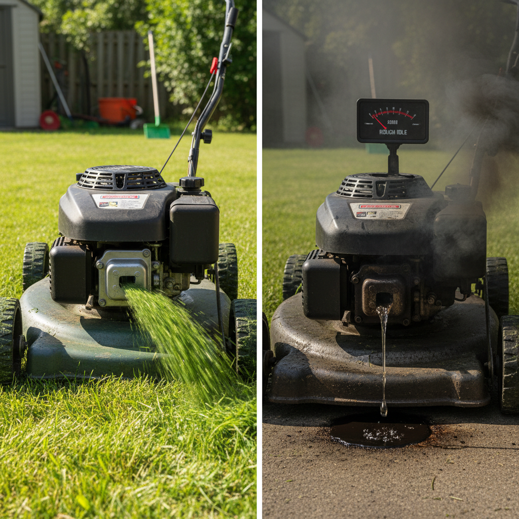 Before and after comparison of lawn mower engine performance showing symptoms of a dirty carburetor