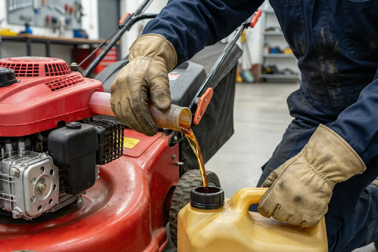 How to Clean a Gas Tank on a Lawn Mower Person draining fuel from a lawn mower gas tank into a container