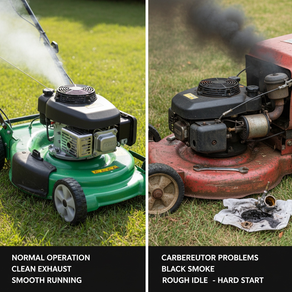 How Do You Clean a Honda Lawn Mower Carburetor? (Step-by-Step Guide) Comparison of healthy lawn mower engine versus engine with carburetor problems showing symptoms like black smoke