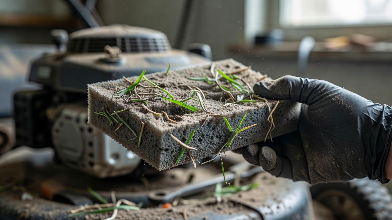Close-up of a dirty foam air filter covered in grass clippings and dust.