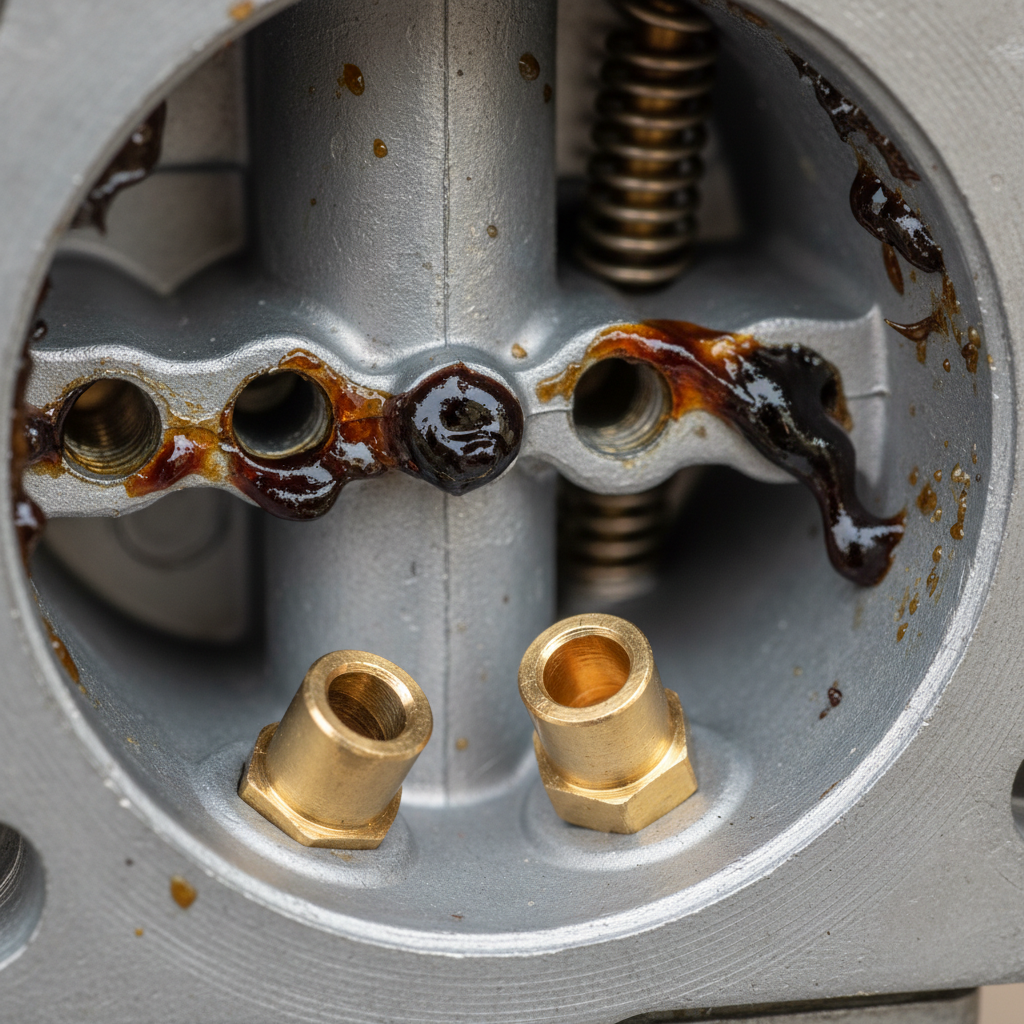 Close-up of a clogged carburetor jet with varnish buildup next to a clean jet.