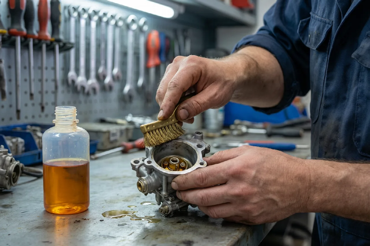 Person cleaning a lawn mower carburetor fuel bowl with a brush