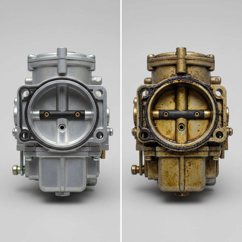 Why Clean Your Lawn Mower Carburetor? Side-by-side comparison of a clean carburetor part and one coated in varnish and debris.