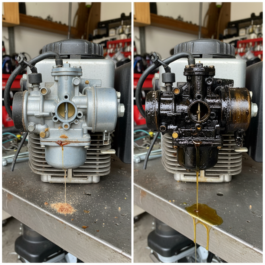 Comparison of light carburetor buildup versus heavy varnish requiring removal