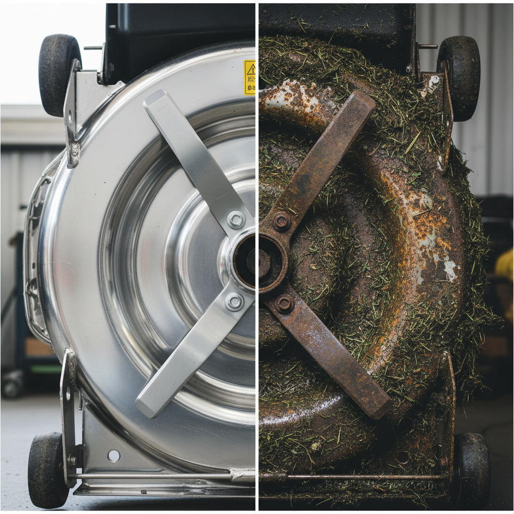 How Do You Clean a Lawn Mower Deck? A Step-by-Step Maintenance Guide Side-by-side comparison of a clean mower deck versus a rusty, debris-clogged deck