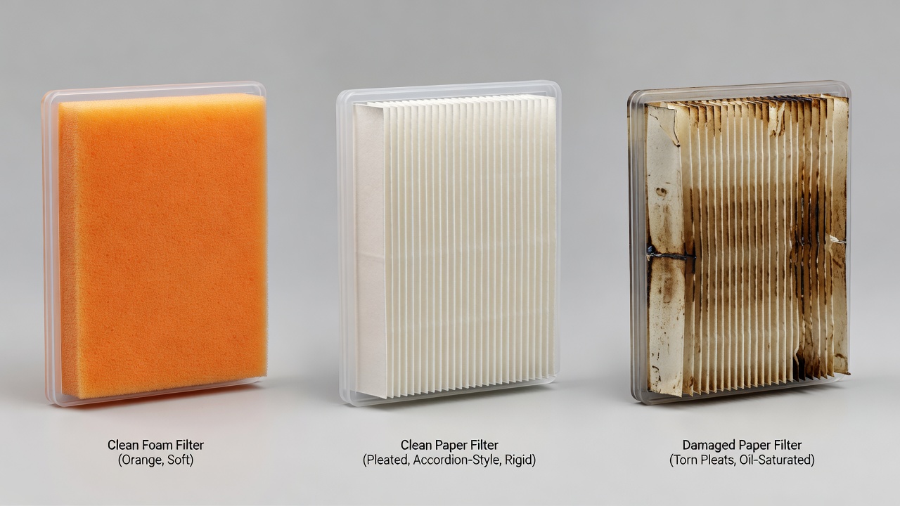 Three lawn mower air filter types compared: clean foam filter, clean paper filter, and damaged paper filter requiring replacement