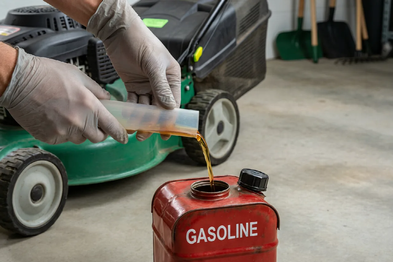 Draining old fuel from a lawn mower fuel tank into a metal container