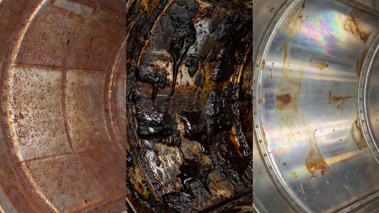 Three lawn mower tank interiors showing different problems—light rust, varnish deposits, and stale fuel residue