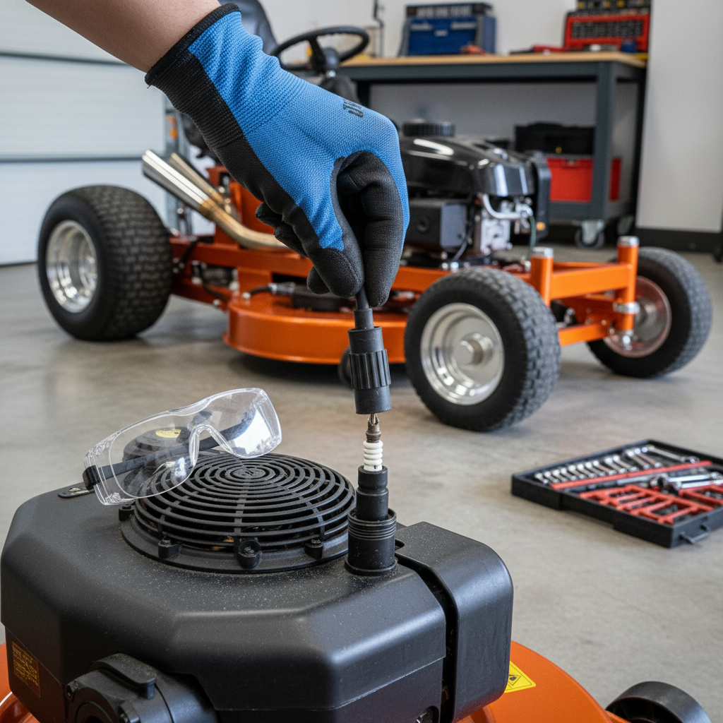 Hand disconnecting spark plug wire from lawn mower engine for safety