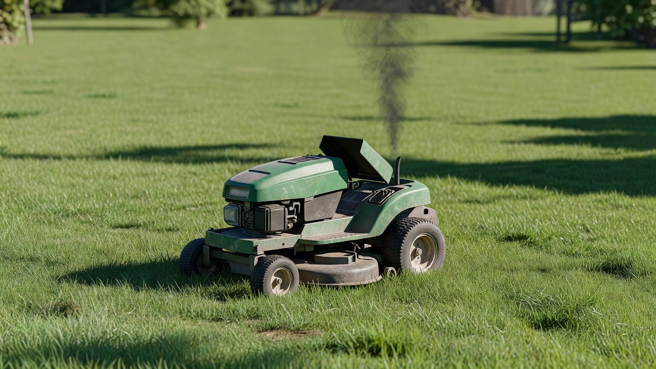 Riding lawn mower emitting black exhaust smoke indicating a dirty carburetor