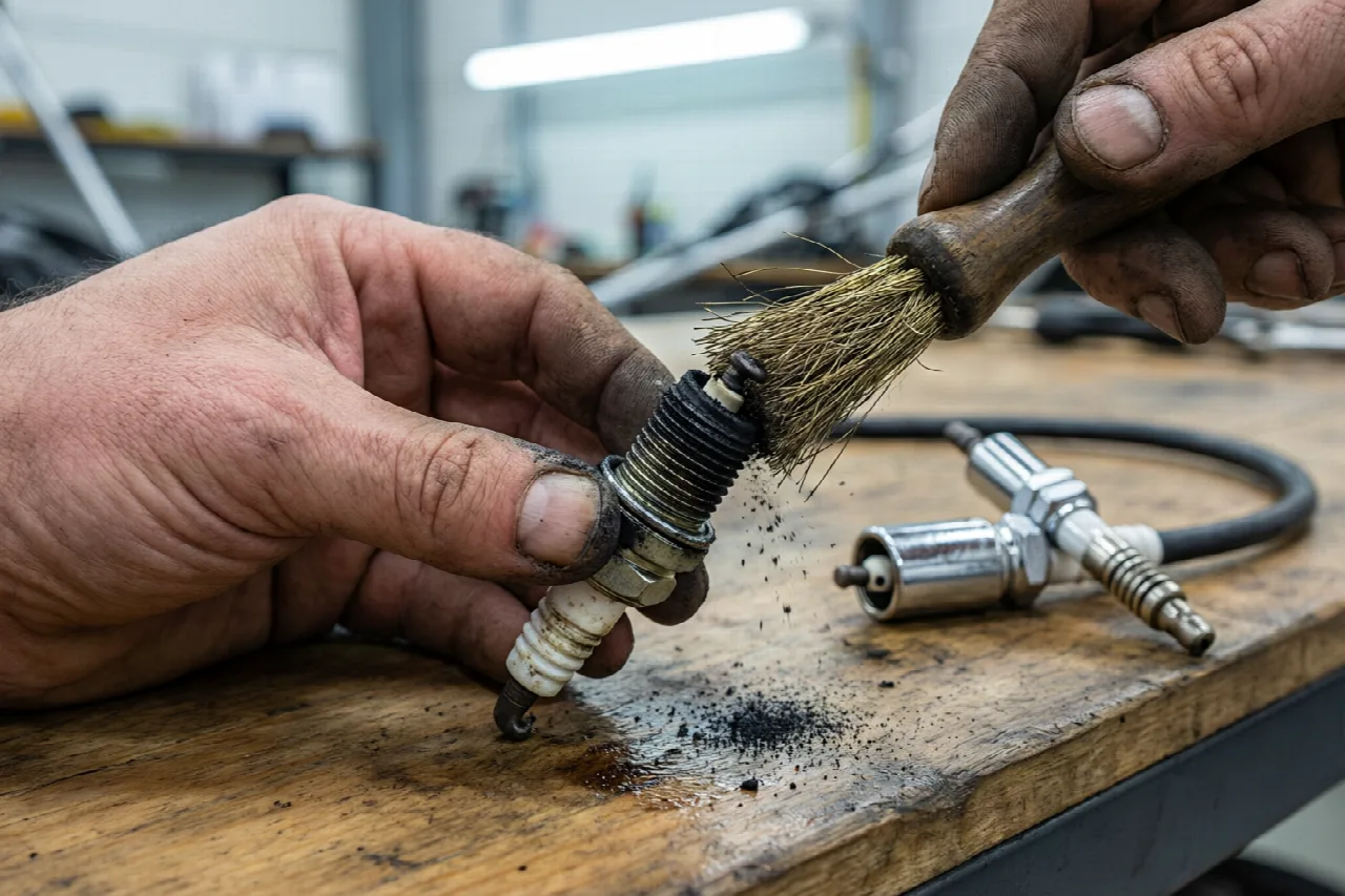 Hand scrubbing carbon deposits off a lawn mower spark plug with a wire brush