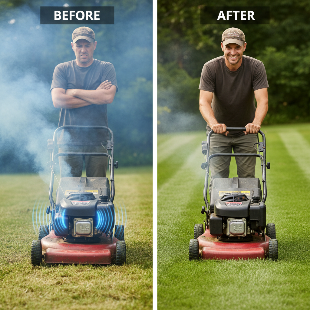 Before and after comparison of lawn mower performance with clogged versus clean carburetor