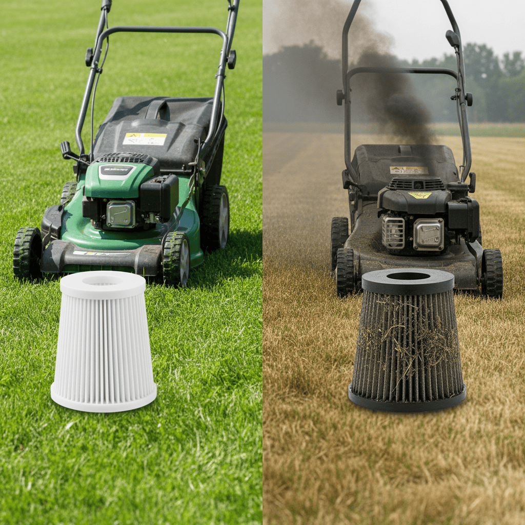 Split image comparing a clean air filter with a smooth-running mower versus a clogged filter with a poorly performing mower.